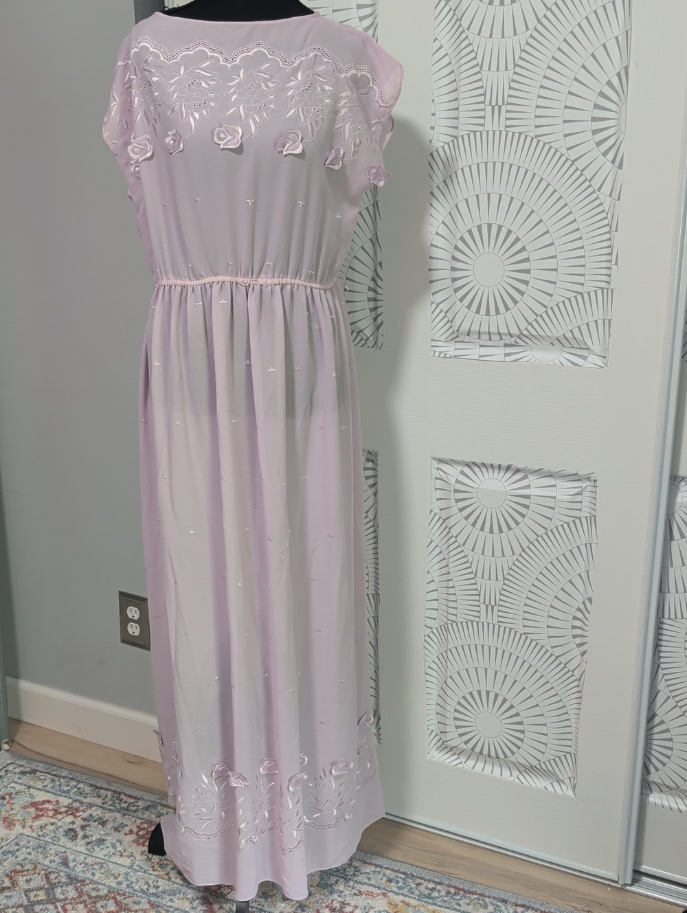 Vintage 70's Embroidered Light Lilac Maxi Dress